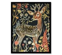 Artery8 Cute Fawn Deer Autumn Portrait Wildflowers Dark Living Room Artwork Framed Wall Art Print 18X24 Inch