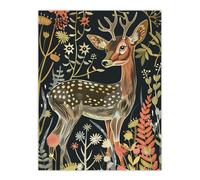 Artery8 Cute Fawn Deer Autumn Portrait Wildflowers Dark Wall Art Print | Size: W12" x H16" Artery8 Multicolor W12" x H16"