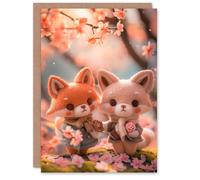 Artery8 Birthday Card Cute Felt Fox Couple Cherry Blossom Flower Picking For Her Wife Woman Partner Girlfriend Greeting Card