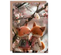 Artery8 Birthday Card Cute Felt Fox Couple Under Cherry Blossom Tree Blank Arty Art All Occasion Greeting Card