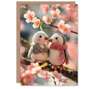 Artery8 Cute Felt Penguins on Cherry Blossom Tree Branch Birthday Card in Pink Artery8 Pink