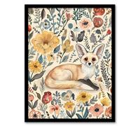 Cute Fennec Fox Boho Flower Pattern Watercolour Framed Wall Art Artery8 Multi A4