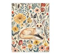 Cute Fennec Fox Boho Flower Pattern Watercolour Wall Art Print Artery8 Multi W24 inch x H32 inch