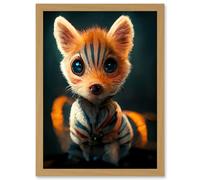 Artery8 Cute Fox Cub Striped Fur Cartoon Artwork Framed Wall Art Print A4 in Light Oak Artery8 Light Oak