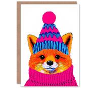 Artery8 Cute Fox With Winter Hat Jumper Pink Blue Vibrant For Child Kids Christmas Card