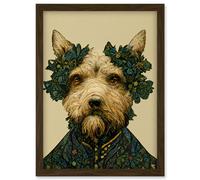 Artery8 Cute Fun Westie Dog Vintage William Morris Style Artwork Framed Wall Art Print A4 in Brown Artery8 Brown