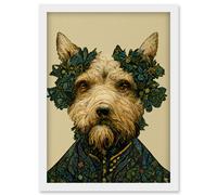 Artery8 Cute Fun Westie Dog Vintage William Morris Style Artwork Framed Wall Art Print A4 in White Artery8 White