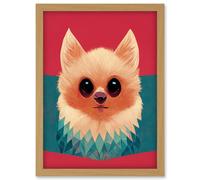 Artery8 Cute Geometric Pomeranian Dog Illustration Artwork Framed Wall Art Print A4 in Light Oak Artery8 Light Oak