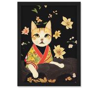 Artery8 Cute Ginger Cat In Red & Yellow Kimono Sitting On A Bed Of Rocks With Flowers Artwork Framed Wall Art Print A4 in Black Artery8 Black