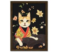 Artery8 Cute Ginger Cat In Red & Yellow Kimono Sitting On A Bed Of Rocks With Flowers Artwork Framed Wall Art Print A4 in Brown Artery8 Brown