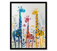 Artery8 Cute Giraffe Family Blue Orange Pink Watercolour Kids Bedroom Nursery Artwork Framed Wall Art Print A4