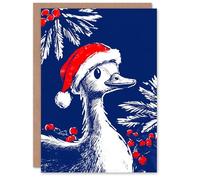 Artery8 Cute Goose With Santa Hat & Holly Christmas Fun Festive Xmas Card in Blue Artery8 Blue