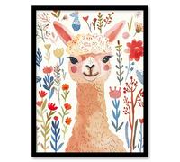 Artery8 Cute Happy Alpaca Bright Floral Watercolour Framed Wall Art | Size: A4 Artery8 Multicolor A4