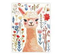 Artery8 Cute Happy Alpaca Bright Floral Watercolour Wall Art Print | Size: W12" x H16" Artery8 Multicolor W12" x H16"
