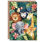 Artery8 Cute Happy Jungle Animals Watercolour Painting For Child Kids Birthday Card