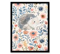 Artery8 Cute Hedgehog with Blue Pink Flowers Watercolour Framed Wall Art | Size: W12" x H16" Artery8 Multicolor W12" x H16"