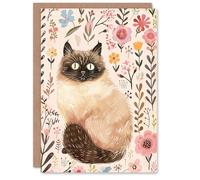 Artery8 Cute Himalayan Cat Lover Pink Floral Pet Portrait For Her Woman Birthday Card