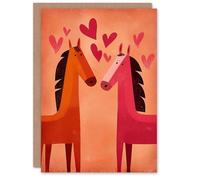 Artery8 Cute Horse Couple Love Hearts Modern Illustration Valentine's Day Card