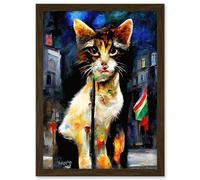 Artery8 Cute Italian Street Cat Striking Pose Abstract Artwork Framed Wall Art Print A4 in Brown Artery8 Brown