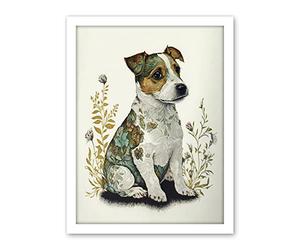 Artery8 Cute Jack Russel Dog Puppy and Flower Patterns Colour Pencil Illustration Artwork Framed Wall Art Print 18X24 Inch