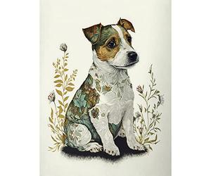 Artery8 Cute Jack Russel Dog Puppy and Flower Patterns Colour Pencil Illustration Large Wall Art Poster Print Thick Paper 18X24 Inch