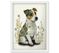 Artery8 Cute Jack Russel Dog Puppy & Flower Patterns Colour Pencil Illustration Artwork Framed Wall Art Print A4 in White Artery8 White