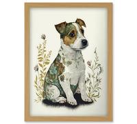 Artery8 Cute Jack Russel Dog Puppy & Flower Patterns Colour Pencil Illustration Artwork Framed Wall Art Print A4 in Light Oak Artery8 Light Oak