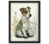 Artery8 Cute Jack Russel Dog Puppy & Flower Patterns Colour Pencil Illustration Artwork Framed Wall Art Print A4 in Black Artery8 Black