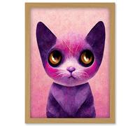 Artery8 Cute Kawaii Cat Portrait Pink & Purple Kids Artwork Framed Wall Art Print A4 in Light Oak Artery8 Light Oak