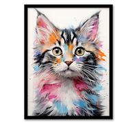 Artery8 Cute Kitten Bright Oil Painting Orange Pink Blue Baby Cat Artwork Kids Bedroom Artwork Framed Wall Art Print 18X24 Inch