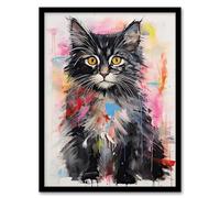 Artery8 Cute Kitten Colourful Oil Painting Bright Baby Cat Artwork Kids Bedroom Artwork Framed Wall Art Print 18X24 Inch