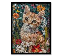 Artery8 Cute Kitten in Flower Field Cat Lover Mosaic For Living Room Artwork Framed Wall Art Print 18X24 Inch