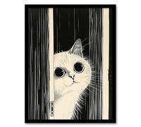 Cute Kitty Black White Cat Lover Pet Painting Framed Wall Art Artery8 Black A4