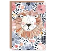 Artery8 Cute Lion Head With Flowers Floral Watercolour Birthday Card Artery8 Multicolor