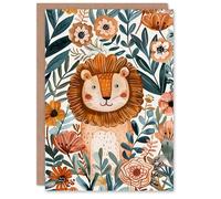 Artery8 Cute Lion in Tropical Jungle Flowers Watercolour For Child Kids Birthday Card