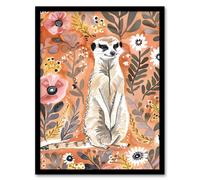 Artery8 Cute Meerkat with Wildflowers Orange Watercolour Framed Wall Art | Size: W12" x H16" Artery8 Orange W12" x H16"