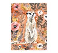 Artery8 Cute Meerkat with Wildflowers Orange Watercolour Wall Art Print | Size: W12" x H16" Artery8 Orange W12" x H16"