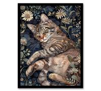 Artery8 Cute Moggie Sleeping in Daisy Field Cat Lover Framed Wall Art in Dark Blue | Size: A4 Artery8 Dark Blue A4