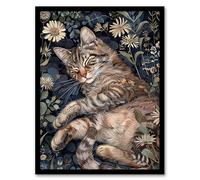 Artery8 Cute Moggie Sleeping in Daisy Field Cat Lover Living Room Artwork Framed Wall Art Print A4