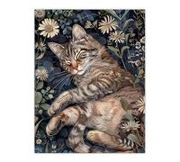 Artery8 Cute Moggie Sleeping in Daisy Field Cat Lover Living Room Large Wall Art Poster Print Thick Paper 18X24 Inch