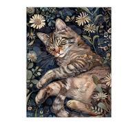 Artery8 Cute Moggie Sleeping in Daisy Field Cat Lover Wall Art Print in Dark Blue | Size: W18" x H24" Artery8 Dark Blue W18" x H24"
