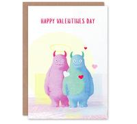 Artery8 Cute Monster Couple Vibrant Line Art Illustration Valentine's Day Card