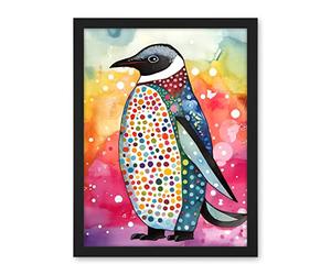 Artery8 Cute Multicoloured Spot Penguin Folk Art Artwork Framed Wall Art Print 18X24 Inch
