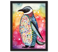 Cute Multicoloured Spot Penguin Folk Art Artwork Framed Wall Art Print A4 Artery8 Black One Size