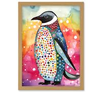 Cute Multicoloured Spot Penguin Folk Art Artwork Framed Wall Art Print A4 Artery8 Light Oak One Size