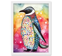 Cute Multicoloured Spot Penguin Folk Art Artwork Framed Wall Art Print A4 Artery8 White One Size