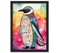 Cute Multicoloured Spot Penguin Folk Art Artwork Framed Wall Art Print A4 Artery8 Black One Size