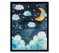 Artery8 Cute Night Sky Stars Moon and Sleeping Clouds Kids Bedroom Nursery Artwork Framed Wall Art Print A4