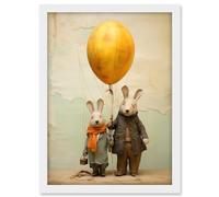 Artery8 Cute Nursery Artwork Rabbits and Balloon Adventure Oil Painting Artwork Framed A3 Wall Art Print