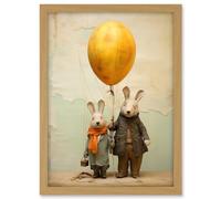 Artery8 Cute Nursery Artwork Rabbits and Balloon Adventure Oil Painting Artwork Framed A3 Wall Art Print
